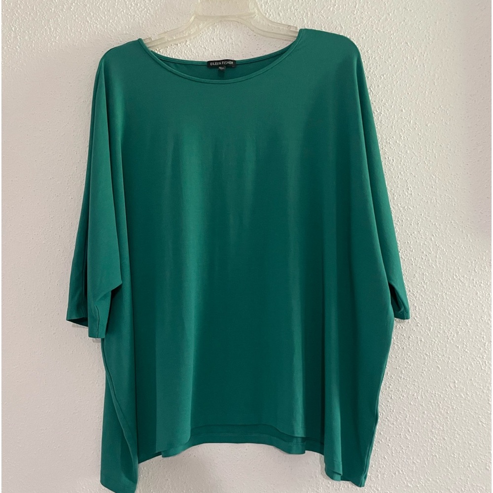 EILEEN FISHER Emerald Green Boxy Soft Crew Neck Short Sleeve Top Size Large
